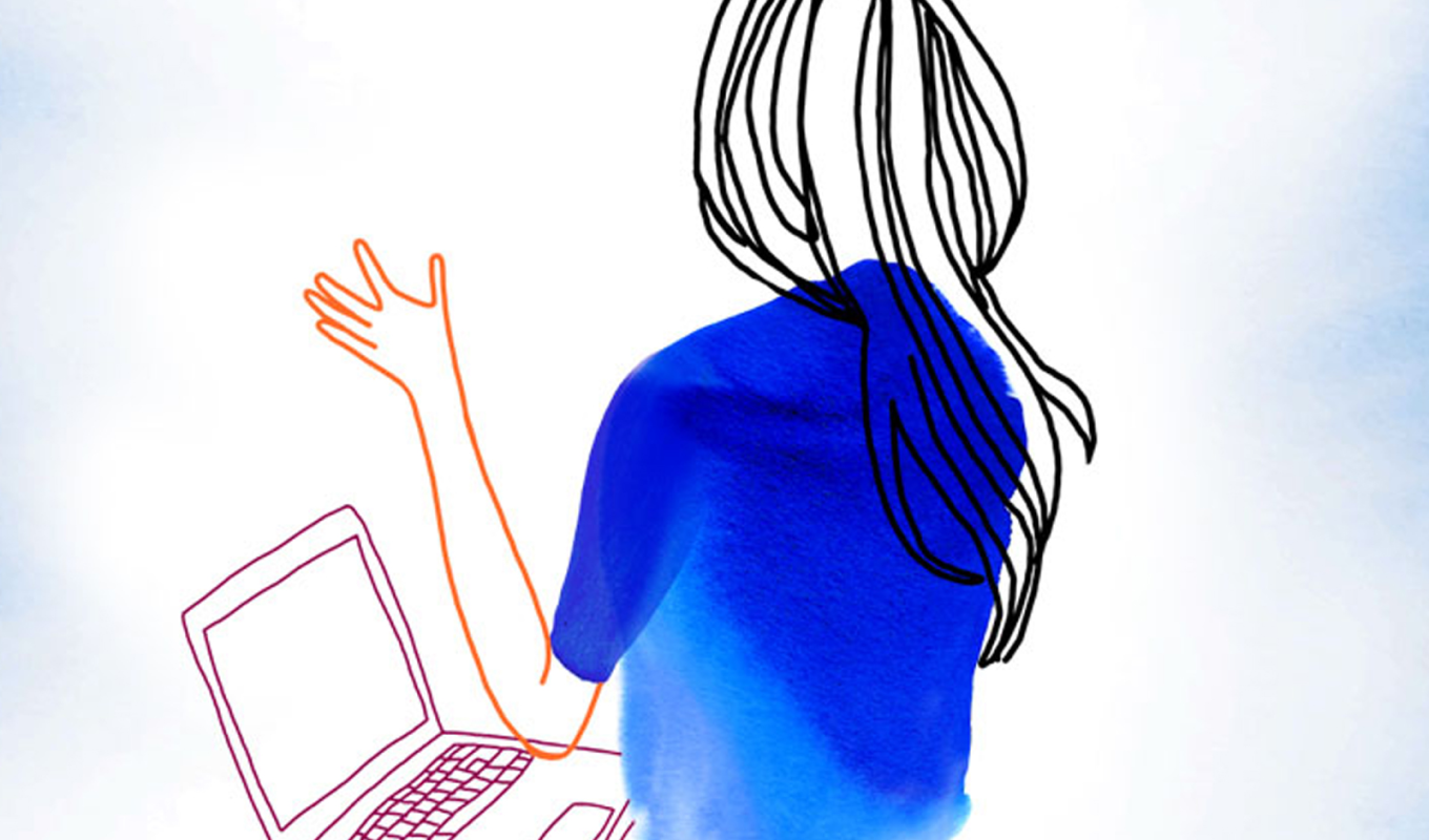 Piirroskuva siniasuinen nainen käyttämässä läppäriä